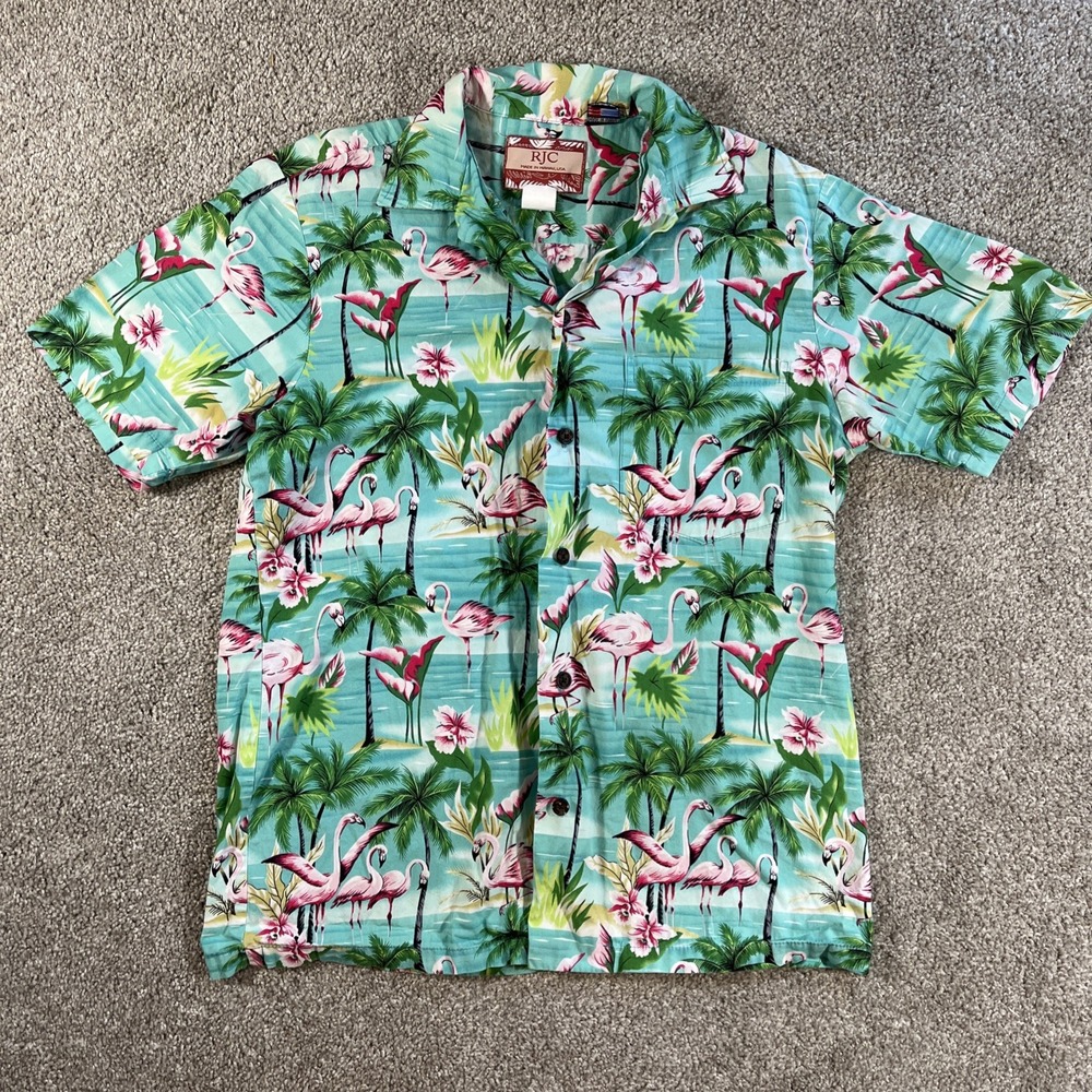 RJC Hawaiian Shirt Button Up Floral Flamingos Blue Short Sleeve Men's S‎ USA